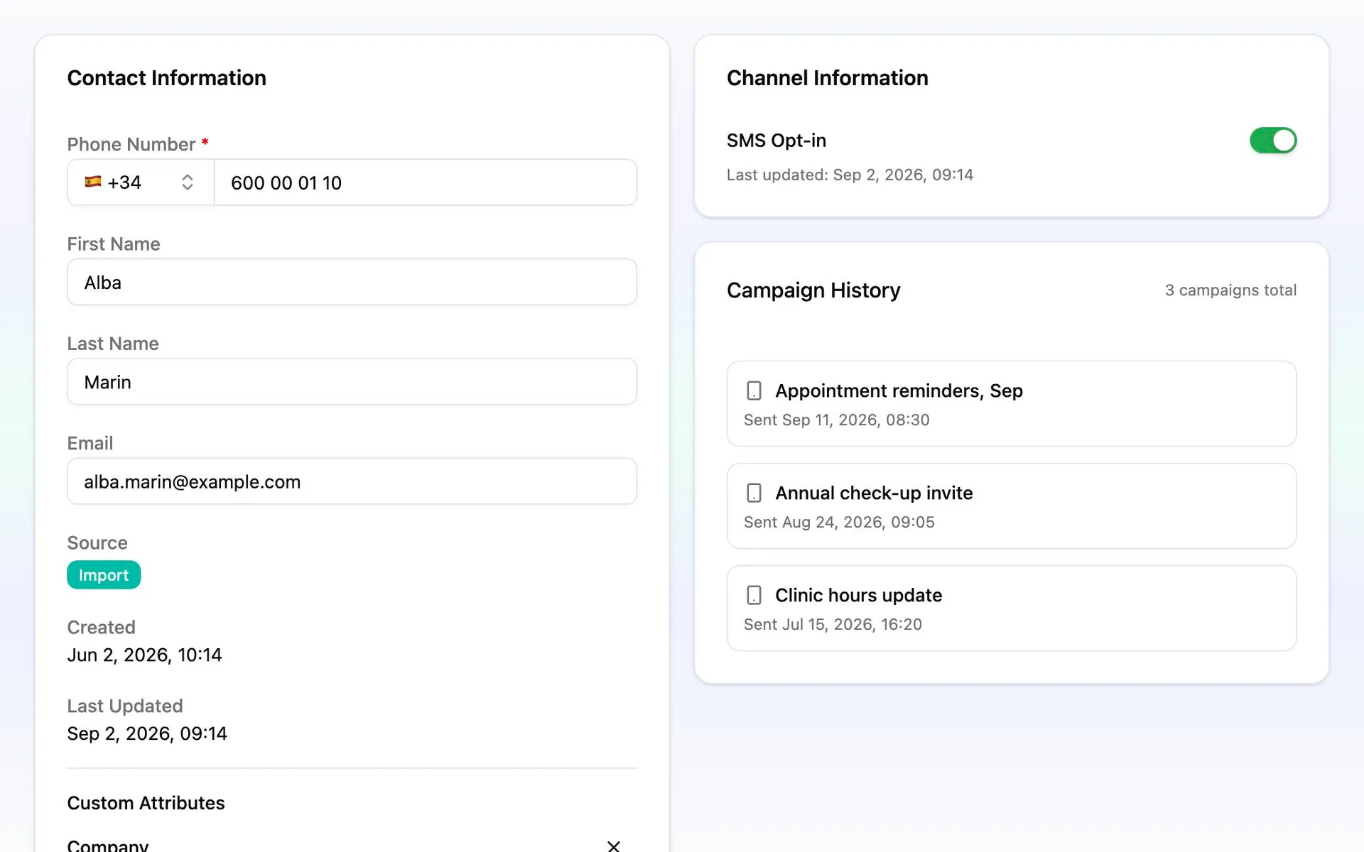 Contact SMS consent and campaign history.