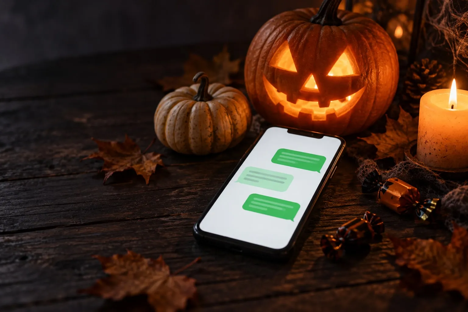 Smartphone beside a glowing jack-o'-lantern