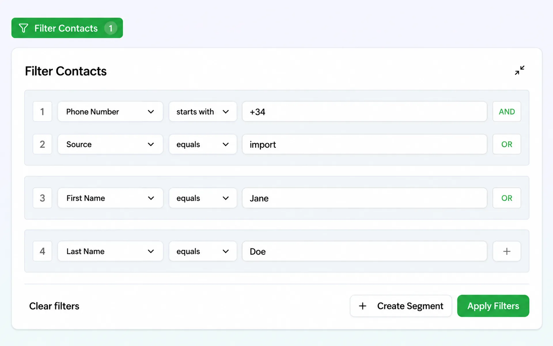 Contact filters for audience segments.