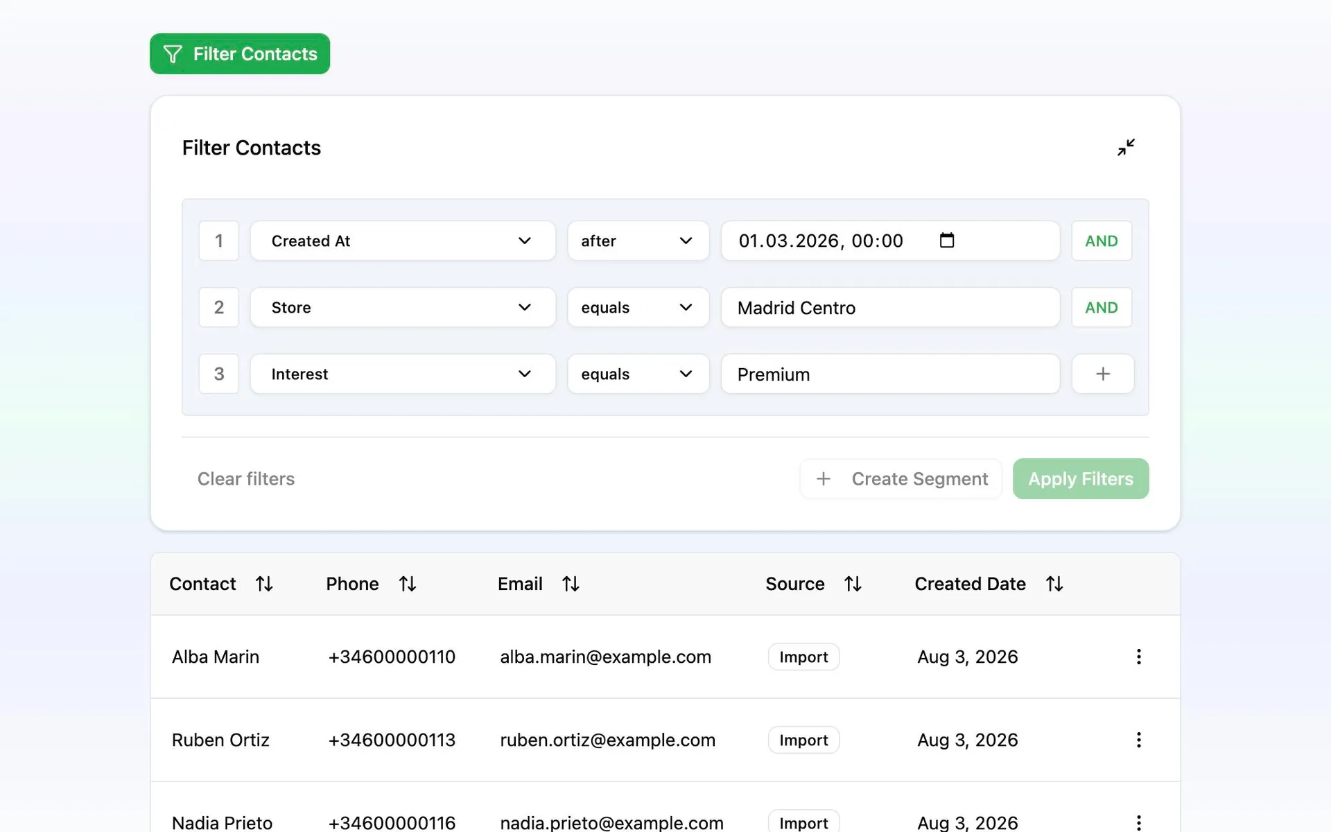 Contact filters for audience segments.